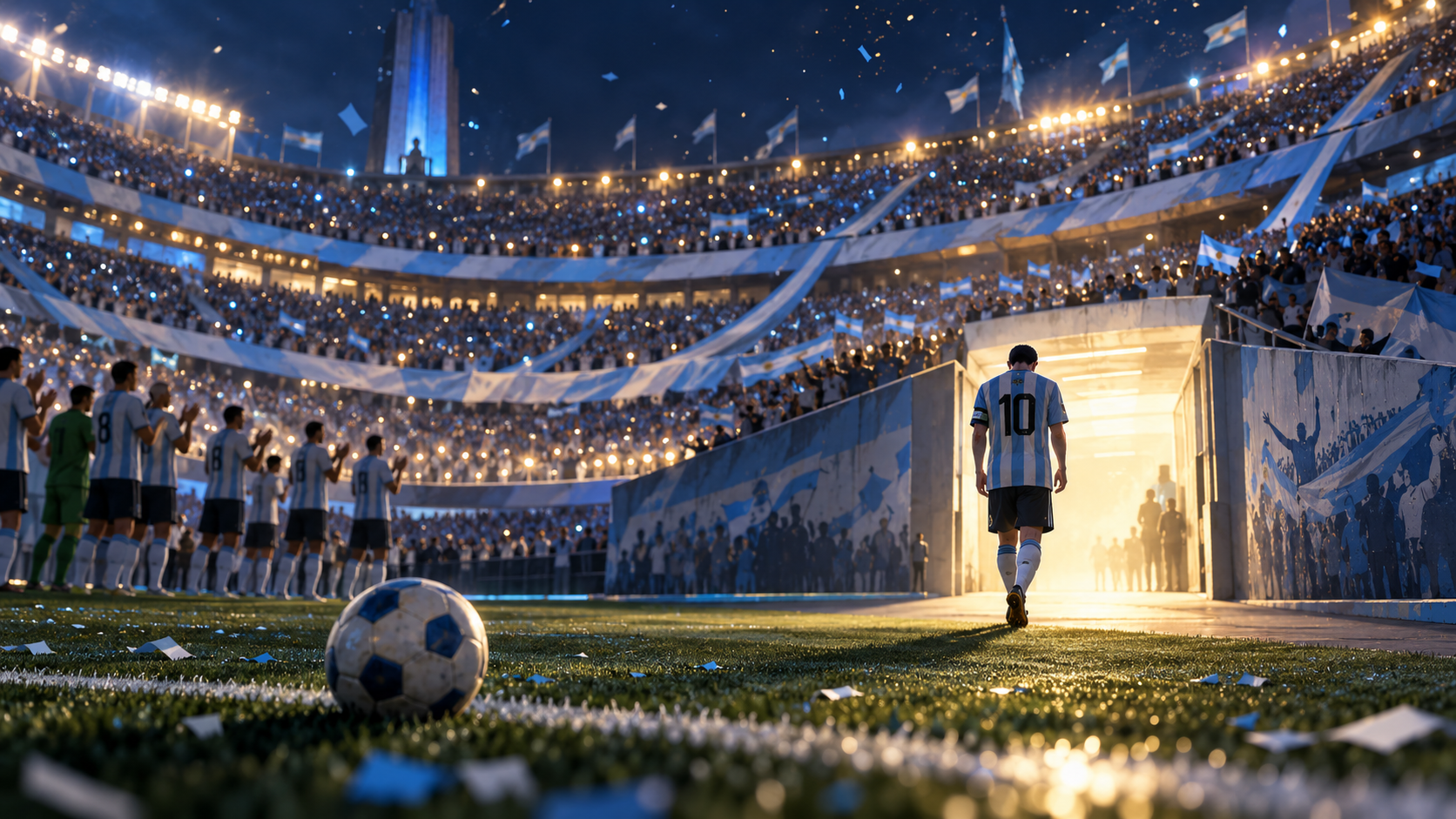 ภาพประกอบเชิงแนวคิดของกัปตันทีมฟุตบอลอาร์เจนตินาเดินออกจากสนามสู่แสงที่ปลายอุโมงค์ ท่ามกลางเพื่อนร่วมทีมและแฟนบอลที่ปรบมือส่งท้าย